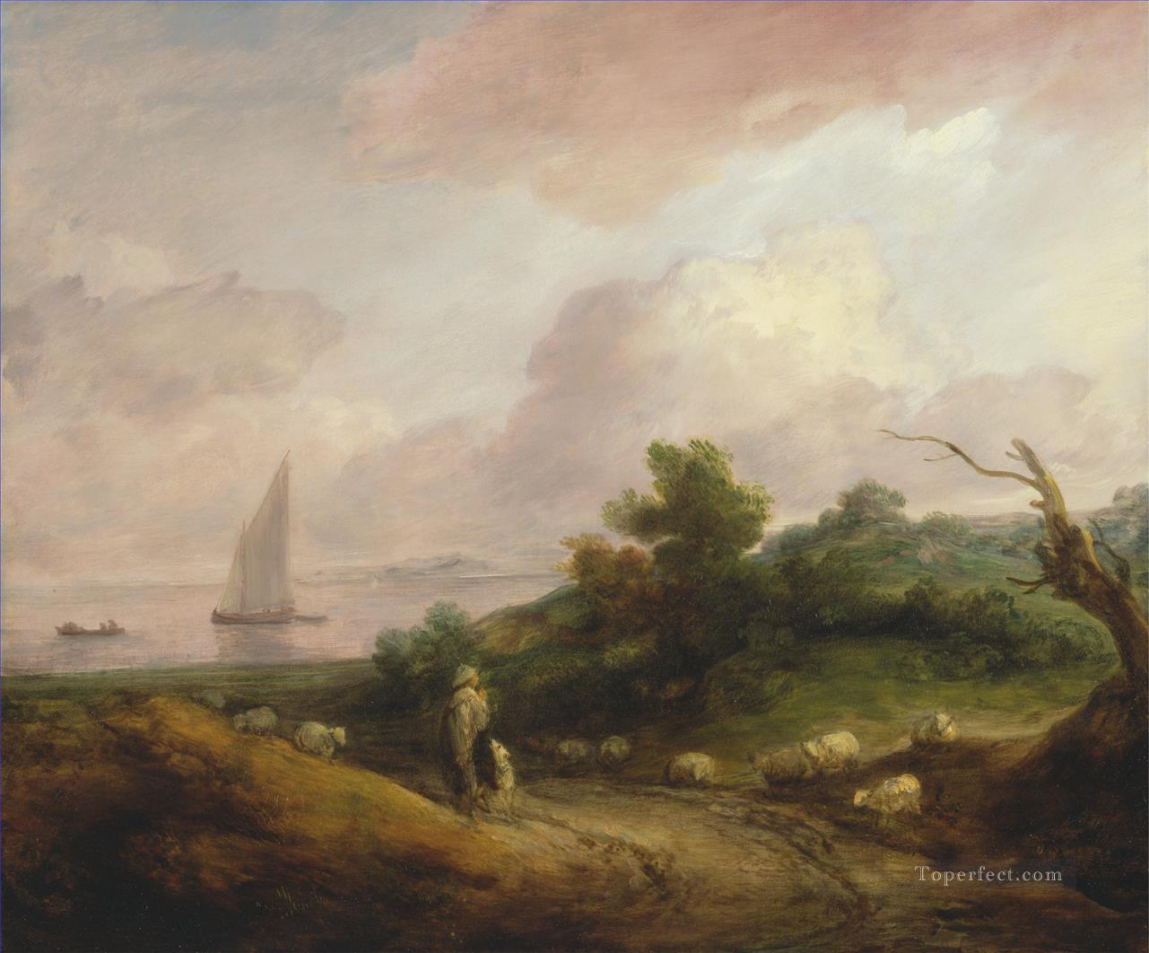 Paysage côtier de Thomas Gainsborough avec un berger et son troupeau Peintures à l'huile